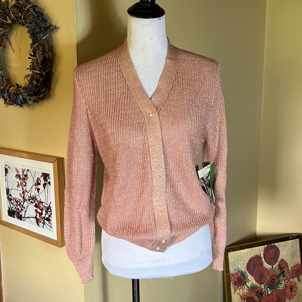 Vtg 70s INNER VISIONS by SHIP & SHORE Size Large  Cardigan Mauve Gold Thread NEW